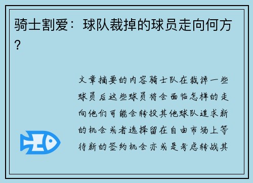 骑士割爱：球队裁掉的球员走向何方？